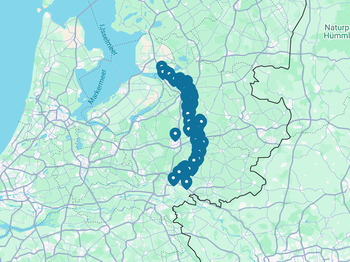 Markers op de interactieve kaart die we hebben ontwikkeld laten zien waar alle verhalen rondom de IJssel vandaan komen
