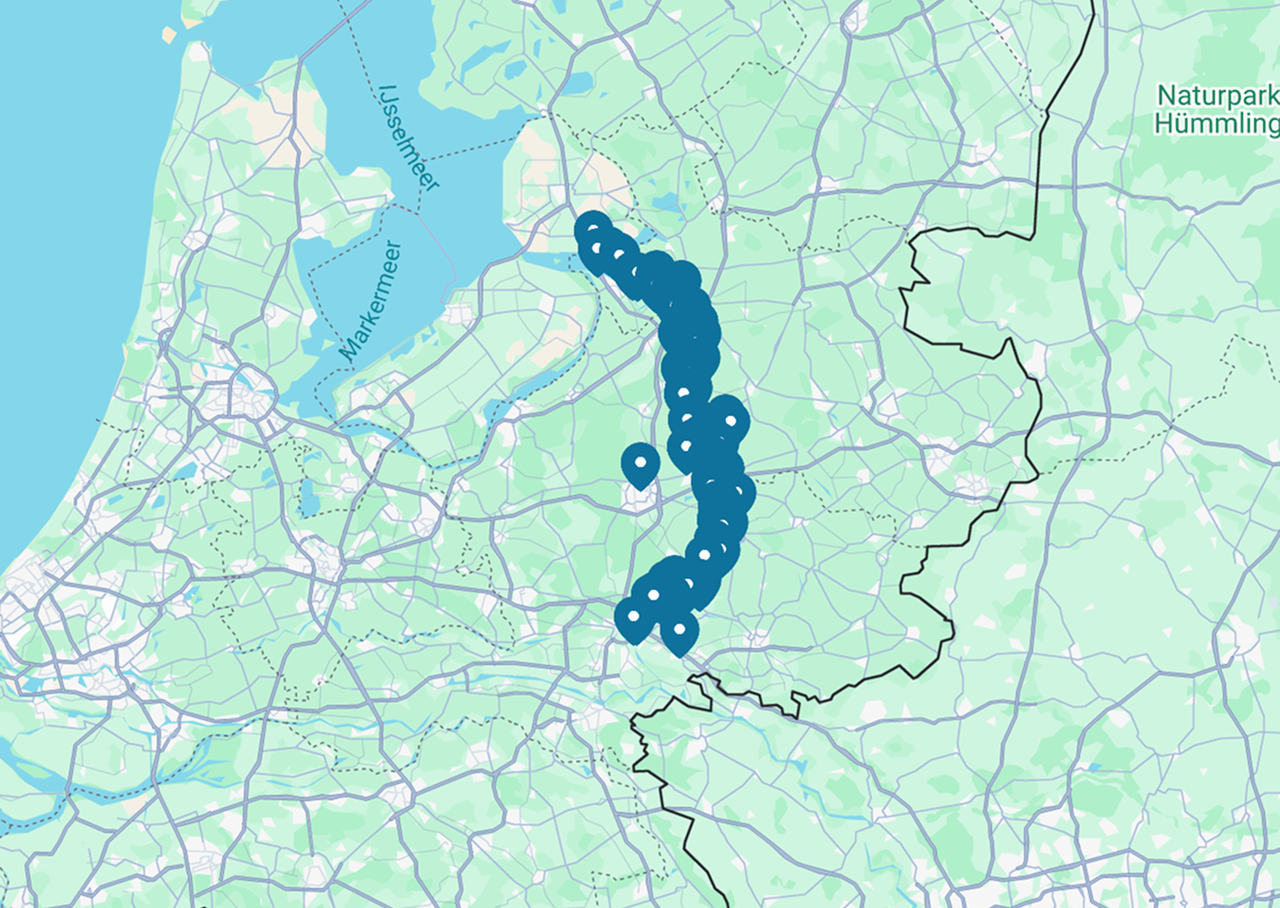 Markers op de interactieve kaart die we hebben ontwikkeld laten zien waar alle verhalen rondom de IJssel vandaan komen